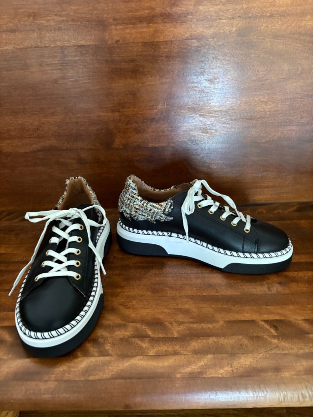DWRS Label Black Leather Platform Sneakers Woven Tweed Heel Edgy Streetwear 38
